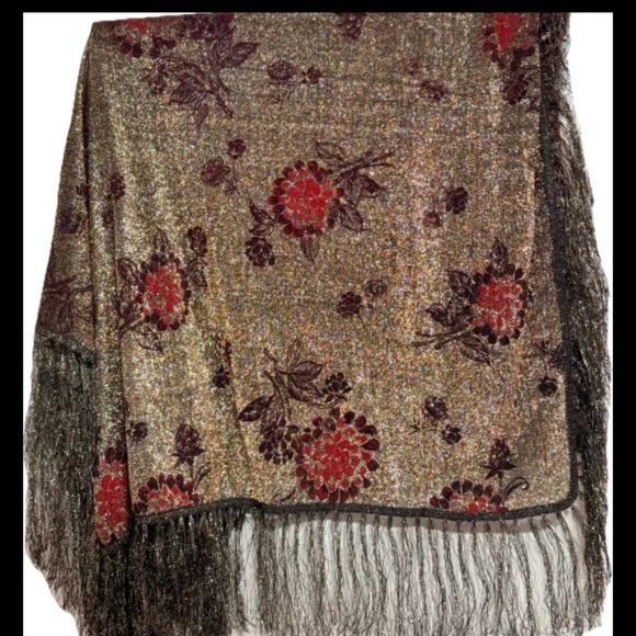 Vintage Gold Shimmery Scarf Red & Brown Floral Print Shimmery Gold Black Fringe - Picture 6 of 11